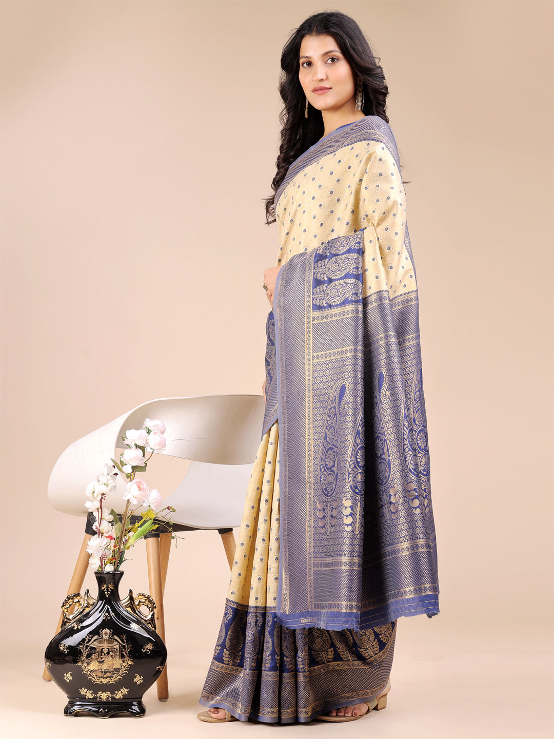 Shree Shyam Fashion Cream & Navy Blue Banarasi silk Woven Zari Work Traditional Tassel Saree | Grocsy