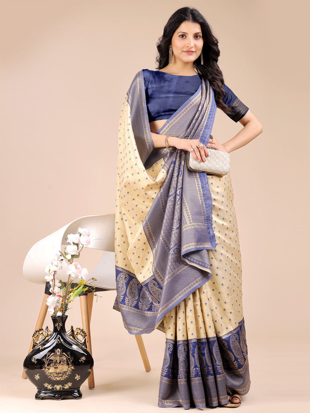 Shree Shyam Fashion Cream & Navy Blue Banarasi silk Woven Zari Work Traditional Tassel Saree | Grocsy