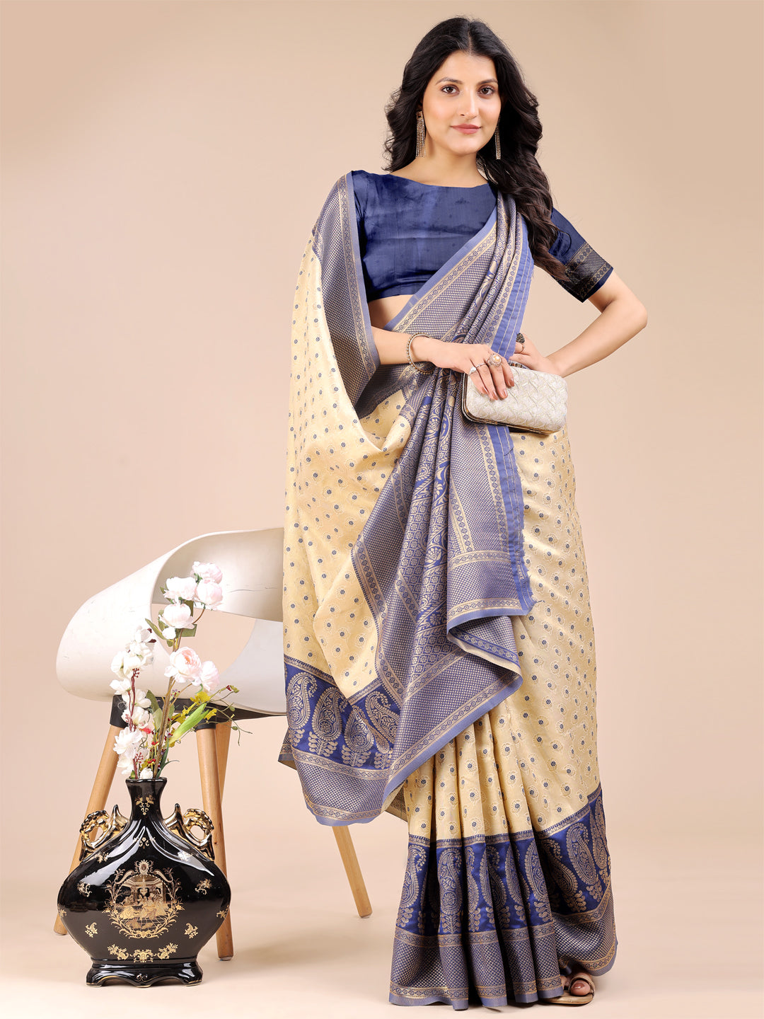 Shree Shyam Fashion Cream & Navy Blue Banarasi silk Woven Zari Work Traditional Tassel Saree | Grocsy