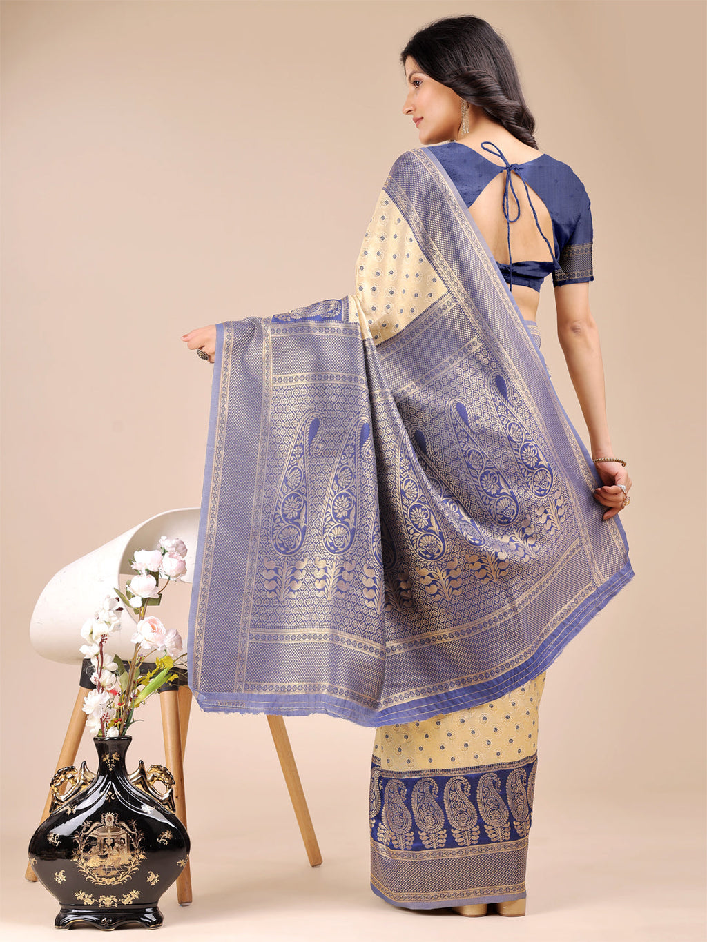 Shree Shyam Fashion Cream & Navy Blue Banarasi silk Woven Zari Work Traditional Tassel Saree | Grocsy