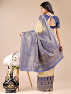 Shree Shyam Fashion Cream & Navy Blue Banarasi silk Woven Zari Work Traditional Tassel Saree | Grocsy