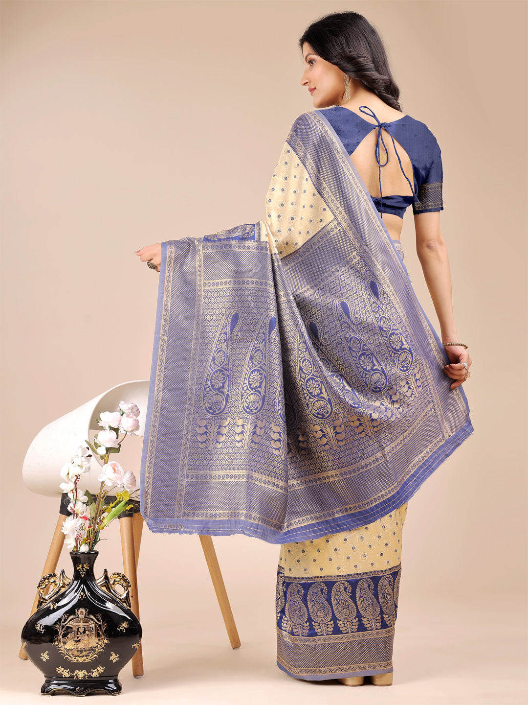 Shree Shyam Fashion Cream & Navy Blue Banarasi silk Woven Zari Work Traditional Tassel Saree | Grocsy