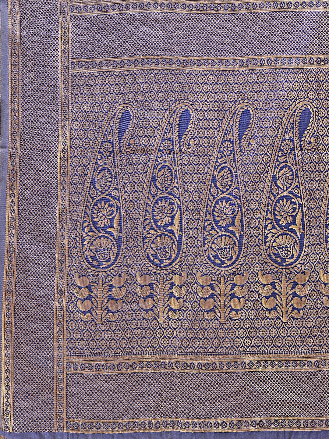 Shree Shyam Fashion Cream & Navy Blue Banarasi silk Woven Zari Work Traditional Tassel Saree | Grocsy