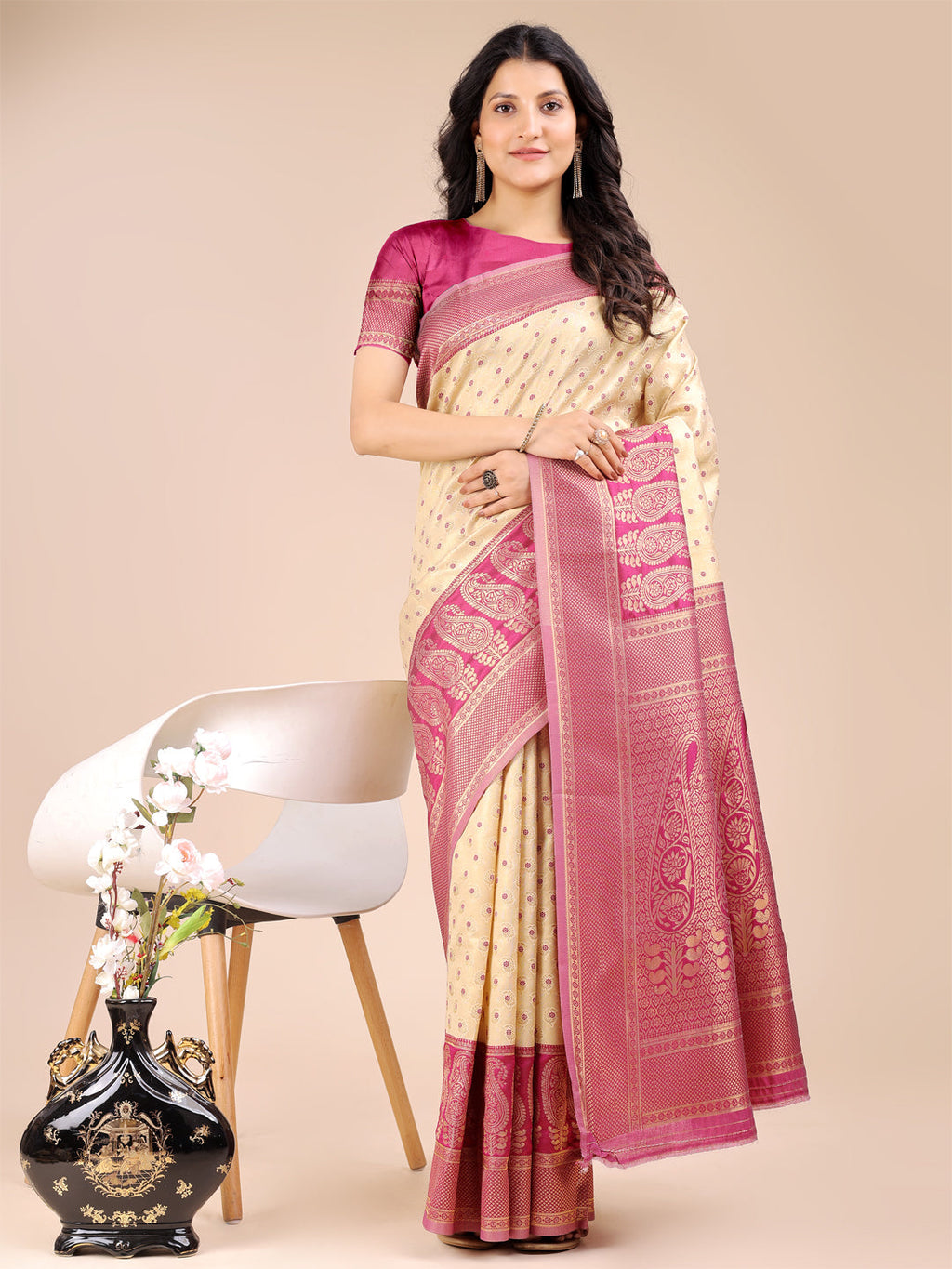 Shree Shyam Fashion Cream & Magenta Banarasi silk Woven Zari Work Traditional Tassel Saree | Grocsy