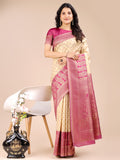 Shree Shyam Fashion Cream & Magenta Banarasi silk Woven Zari Work Traditional Tassel Saree | Grocsy