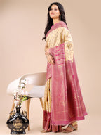 Shree Shyam Fashion Cream & Magenta Banarasi silk Woven Zari Work Traditional Tassel Saree | Grocsy