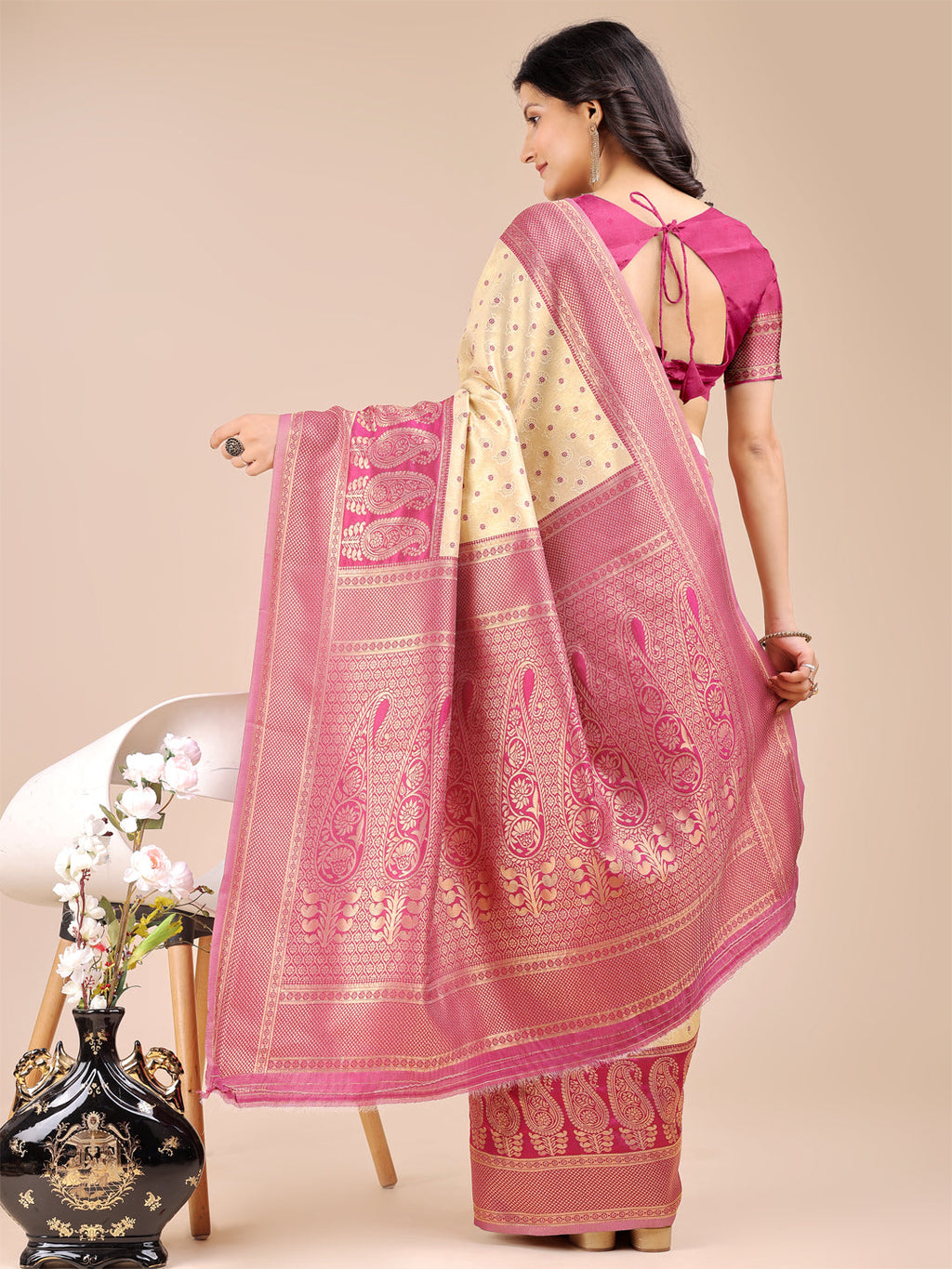 Shree Shyam Fashion Cream & Magenta Banarasi silk Woven Zari Work Traditional Tassel Saree | Grocsy