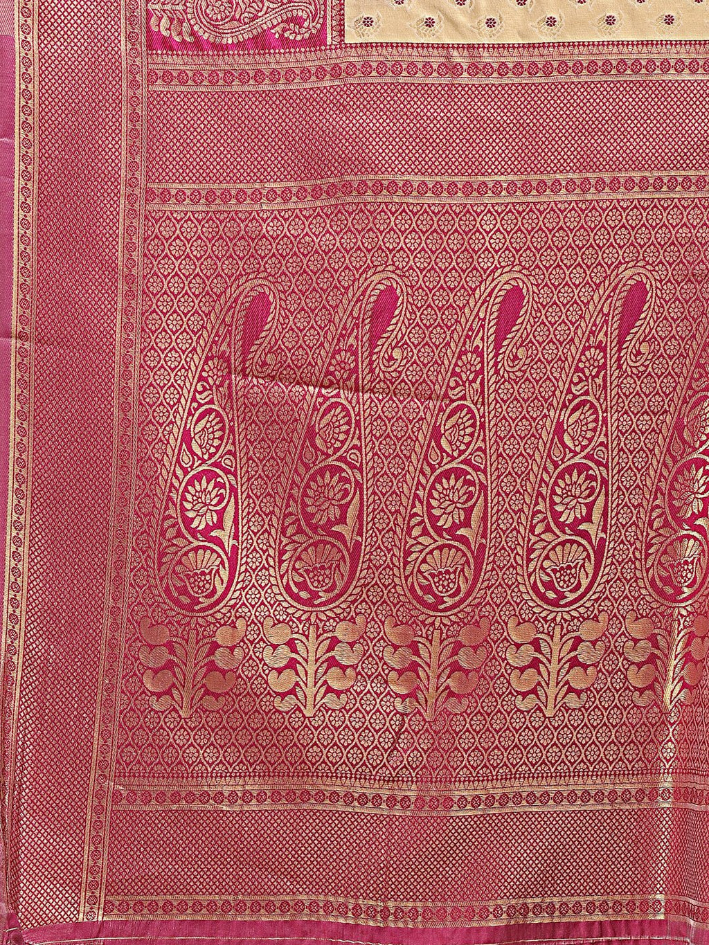 Shree Shyam Fashion Cream & Magenta Banarasi silk Woven Zari Work Traditional Tassel Saree | Grocsy