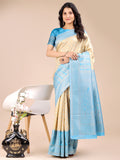 Shree Shyam Fashion Cream & Sky Blue Banarasi silk Woven Zari Work Traditional Tassel Saree | Grocsy