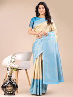 Shree Shyam Fashion Cream & Sky Blue Banarasi silk Woven Zari Work Traditional Tassel Saree | Grocsy