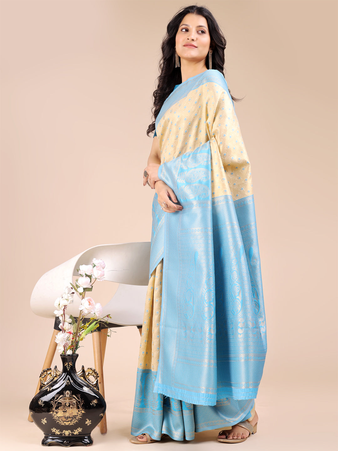 Shree Shyam Fashion Cream & Sky Blue Banarasi silk Woven Zari Work Traditional Tassel Saree | Grocsy
