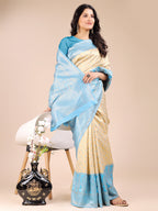 Shree Shyam Fashion Cream & Sky Blue Banarasi silk Woven Zari Work Traditional Tassel Saree | Grocsy