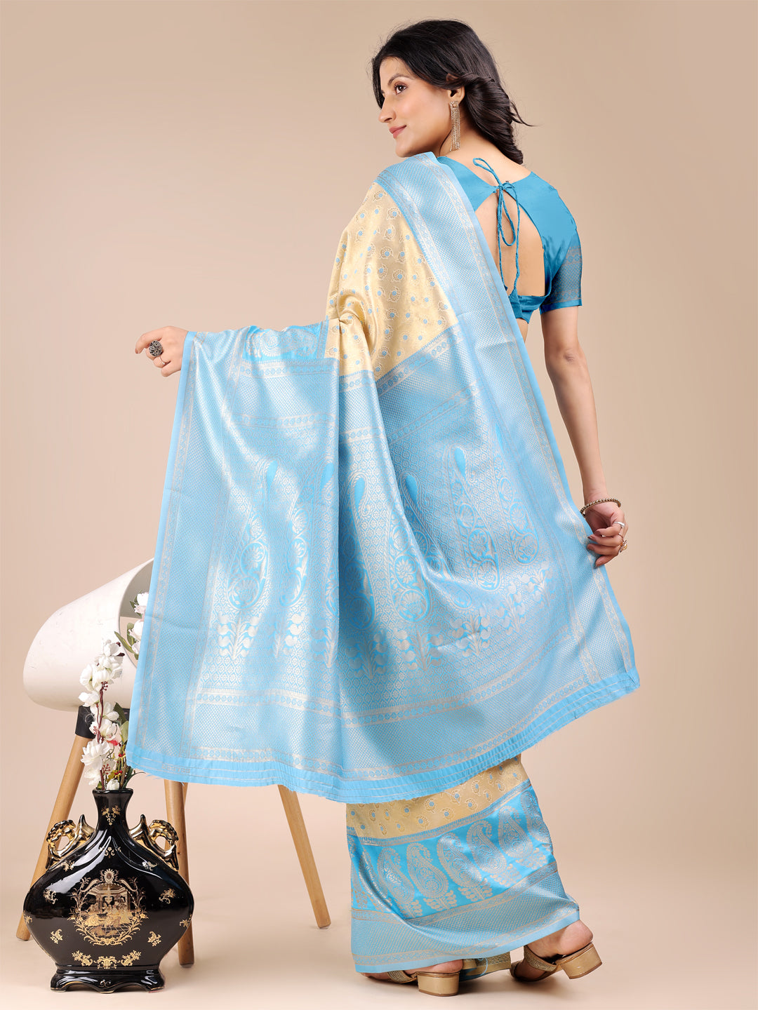Shree Shyam Fashion Cream & Sky Blue Banarasi silk Woven Zari Work Traditional Tassel Saree | Grocsy