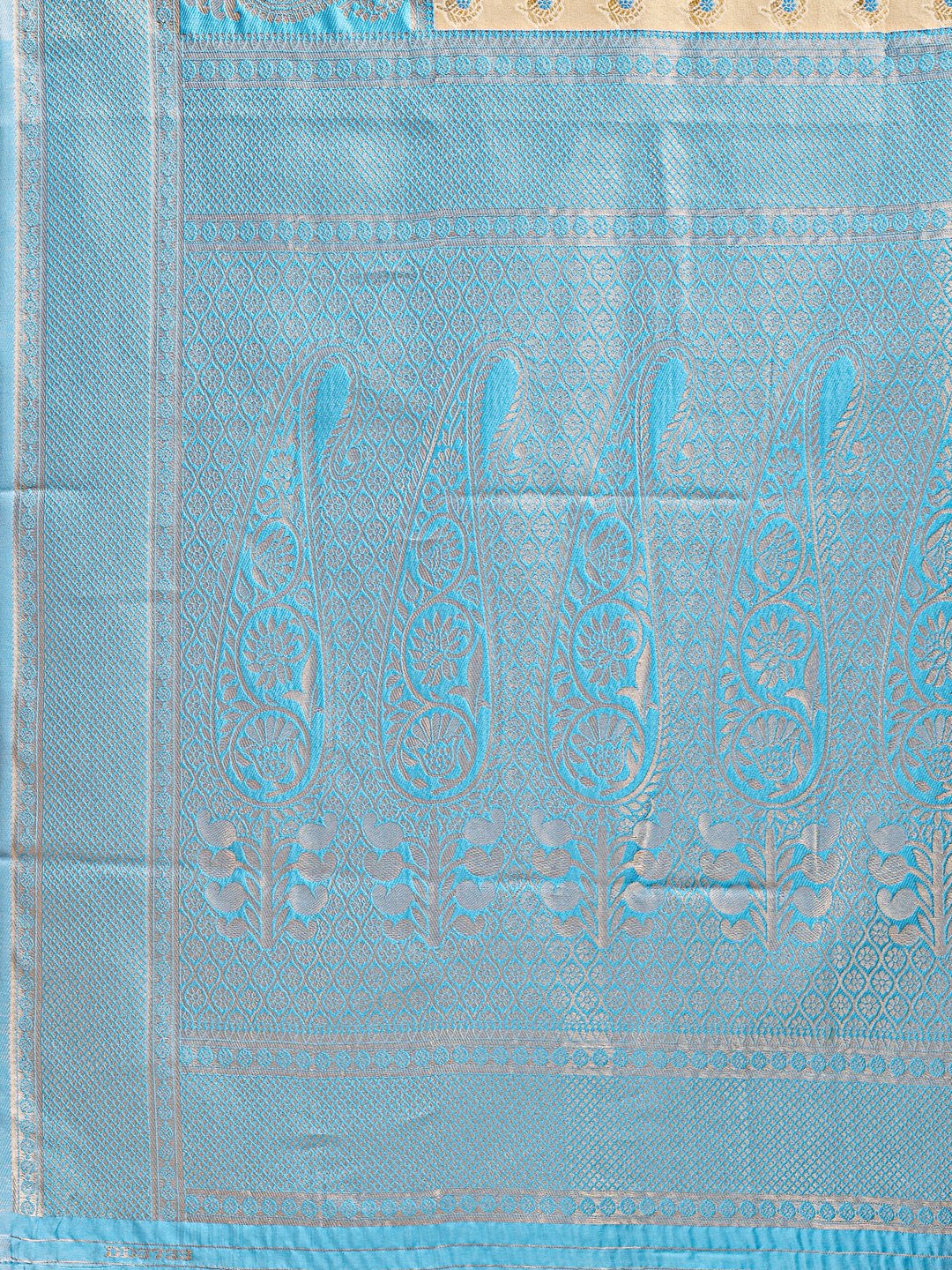 Shree Shyam Fashion Cream & Sky Blue Banarasi silk Woven Zari Work Traditional Tassel Saree | Grocsy