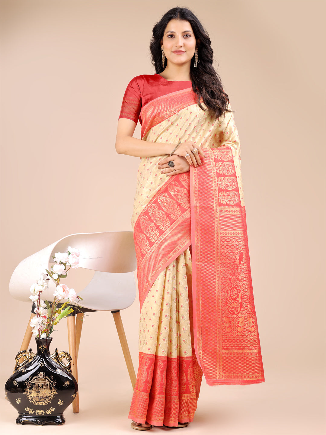 Shree Shyam Fashion Cream & Red Banarasi silk Woven Zari Work Traditional Tassel Saree | Grocsy