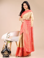 Shree Shyam Fashion Cream & Red Banarasi silk Woven Zari Work Traditional Tassel Saree | Grocsy
