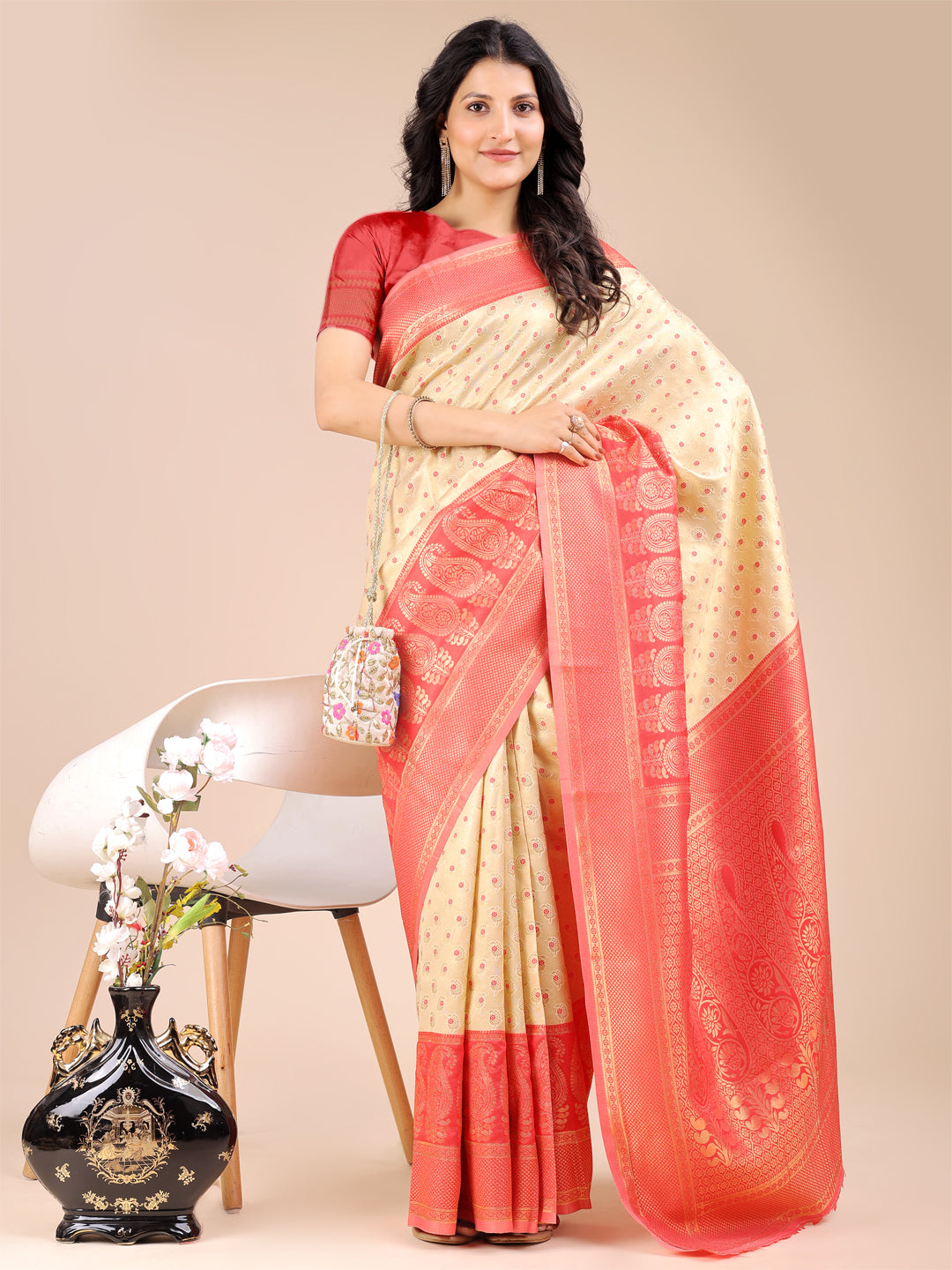 Shree Shyam Fashion Cream & Red Banarasi silk Woven Zari Work Traditional Tassel Saree | Grocsy