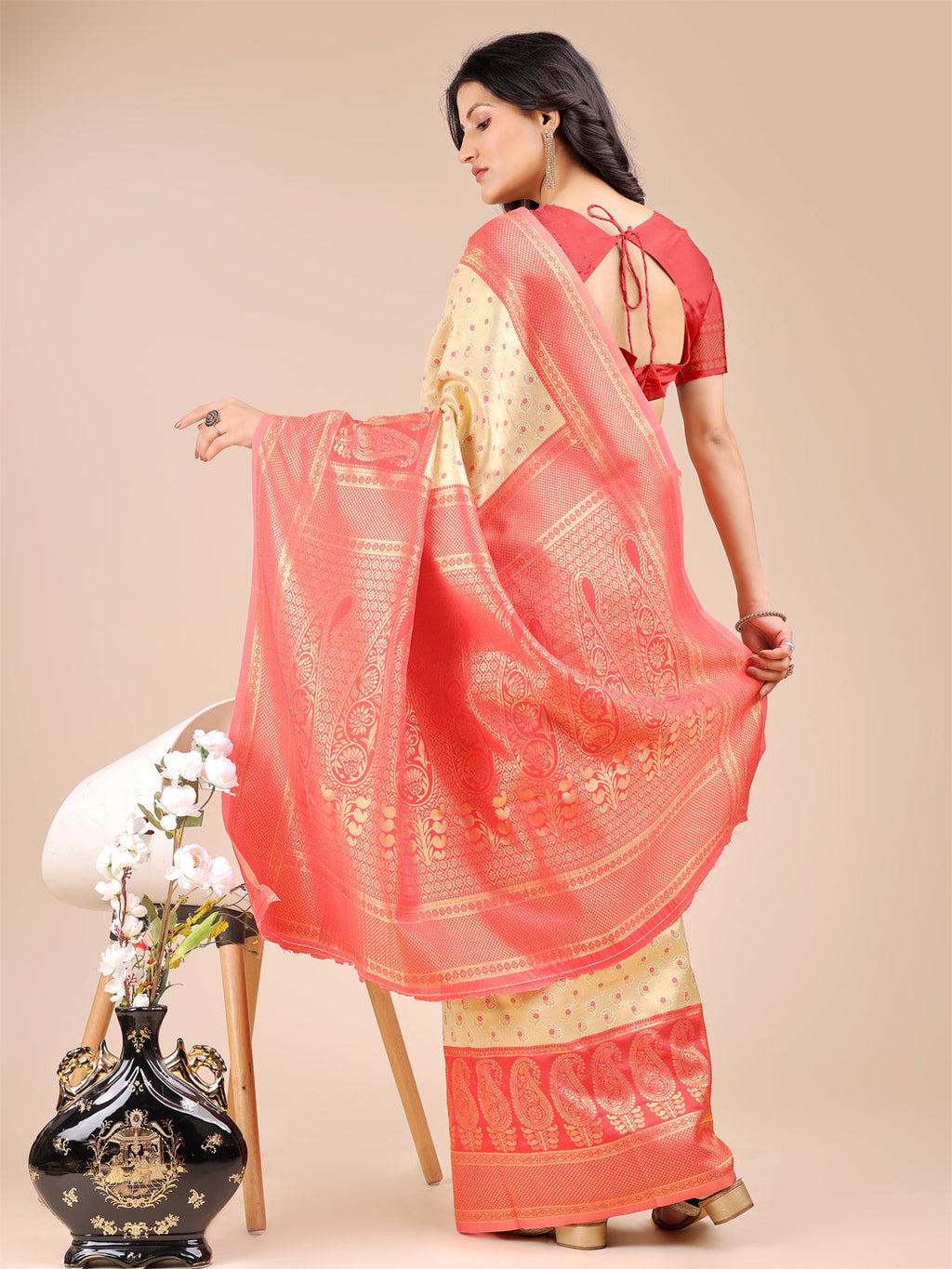 Shree Shyam Fashion Cream & Red Banarasi silk Woven Zari Work Traditional Tassel Saree | Grocsy