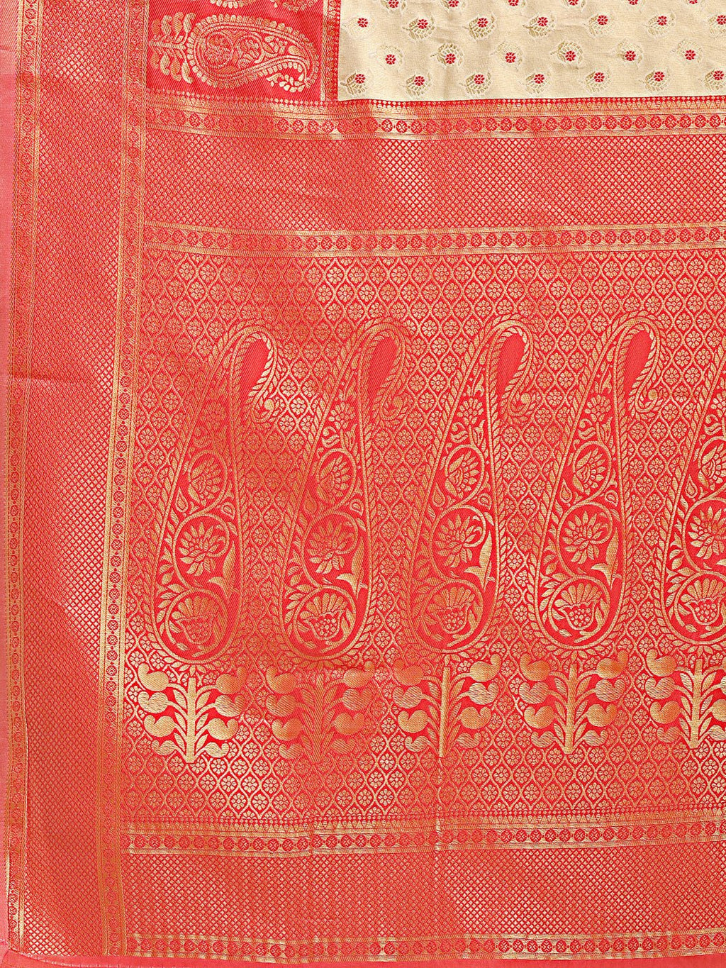 Shree Shyam Fashion Cream & Red Banarasi silk Woven Zari Work Traditional Tassel Saree | Grocsy
