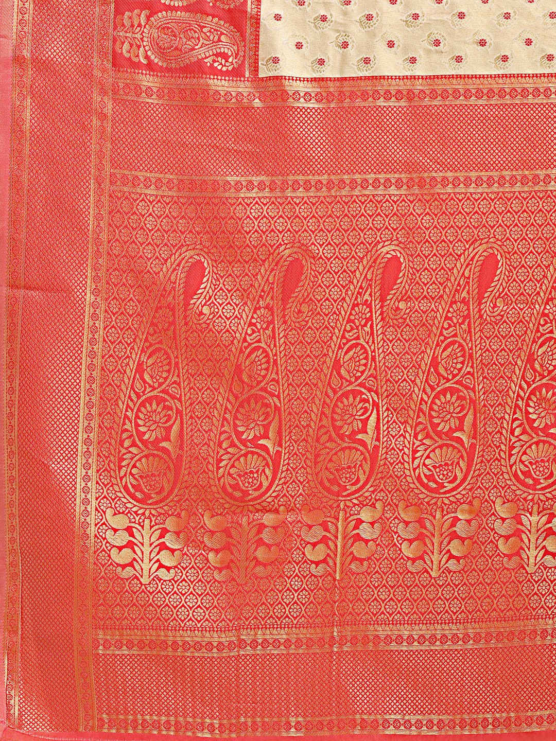 Shree Shyam Fashion Cream & Red Banarasi silk Woven Zari Work Traditional Tassel Saree | Grocsy