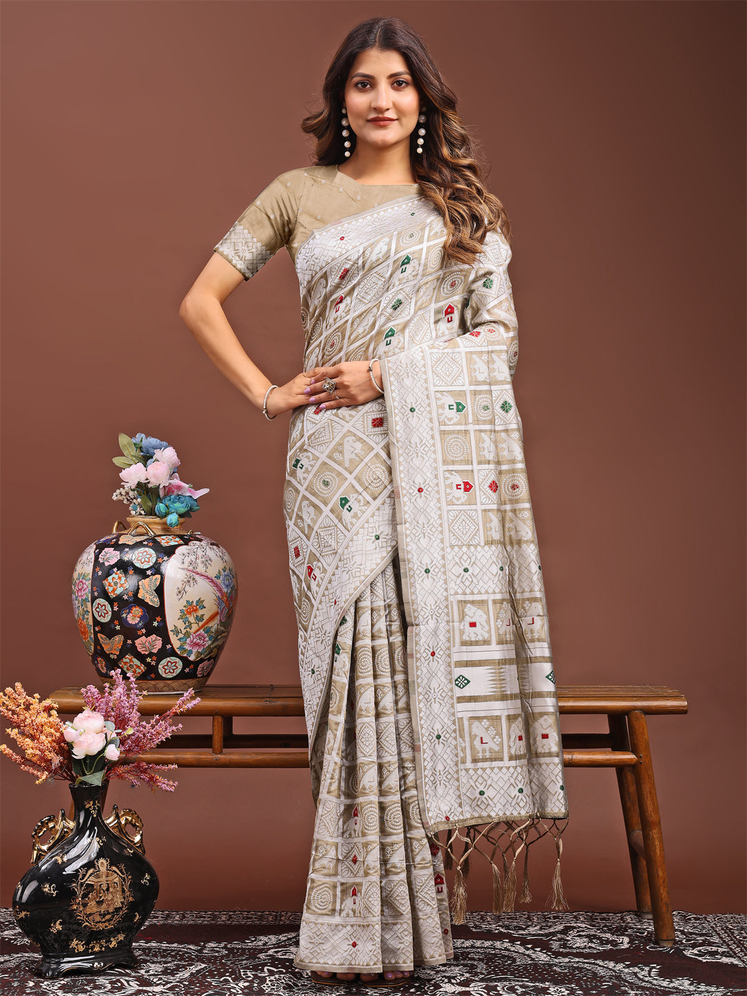 Shree Shyam Fashion Threads of Tradition: Beige Linen Cotton Saree Woven with Stories of Grace & Heritage | Grocsy