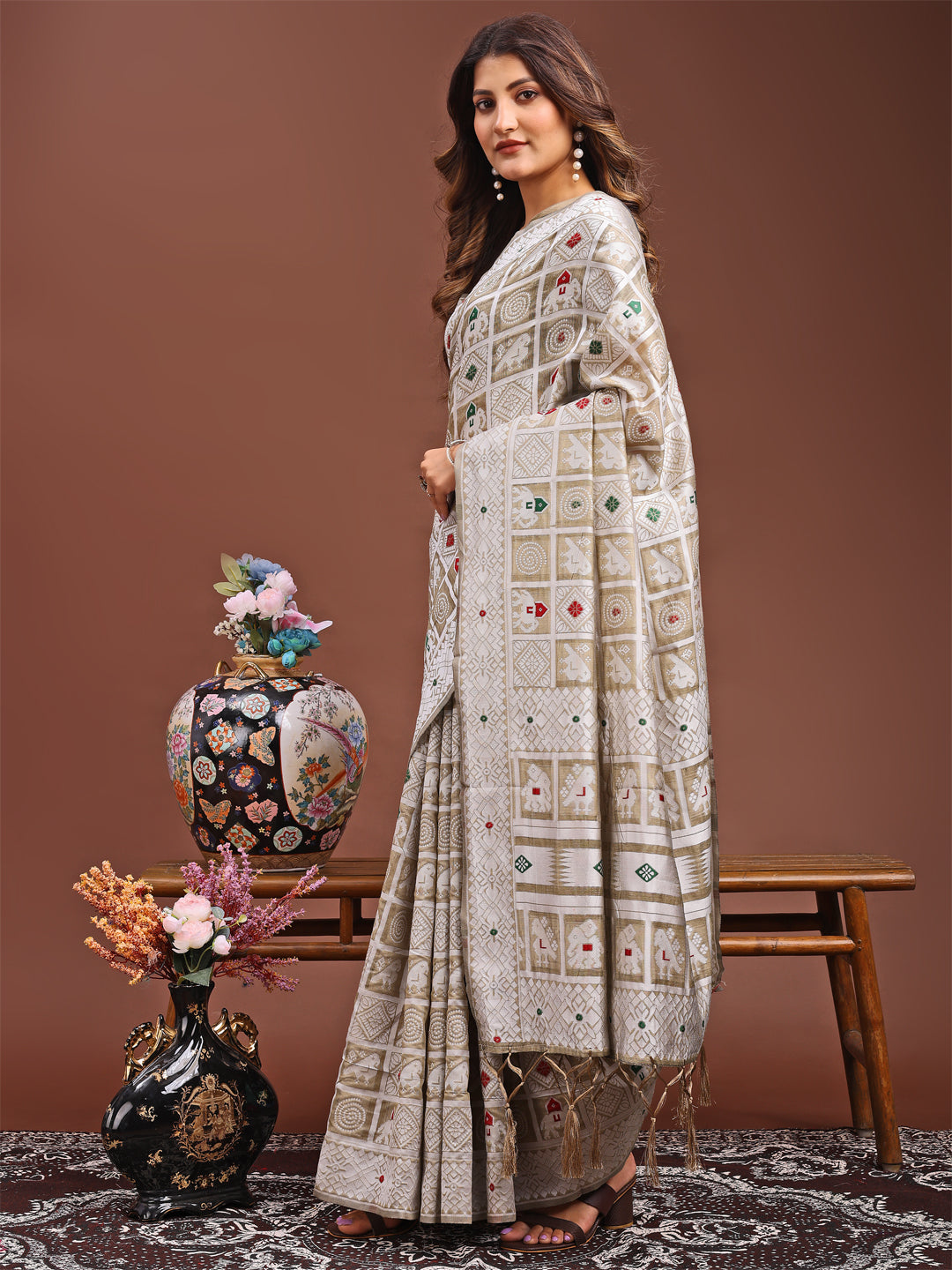 Shree Shyam Fashion Threads of Tradition: Beige Linen Cotton Saree Woven with Stories of Grace & Heritage | Grocsy