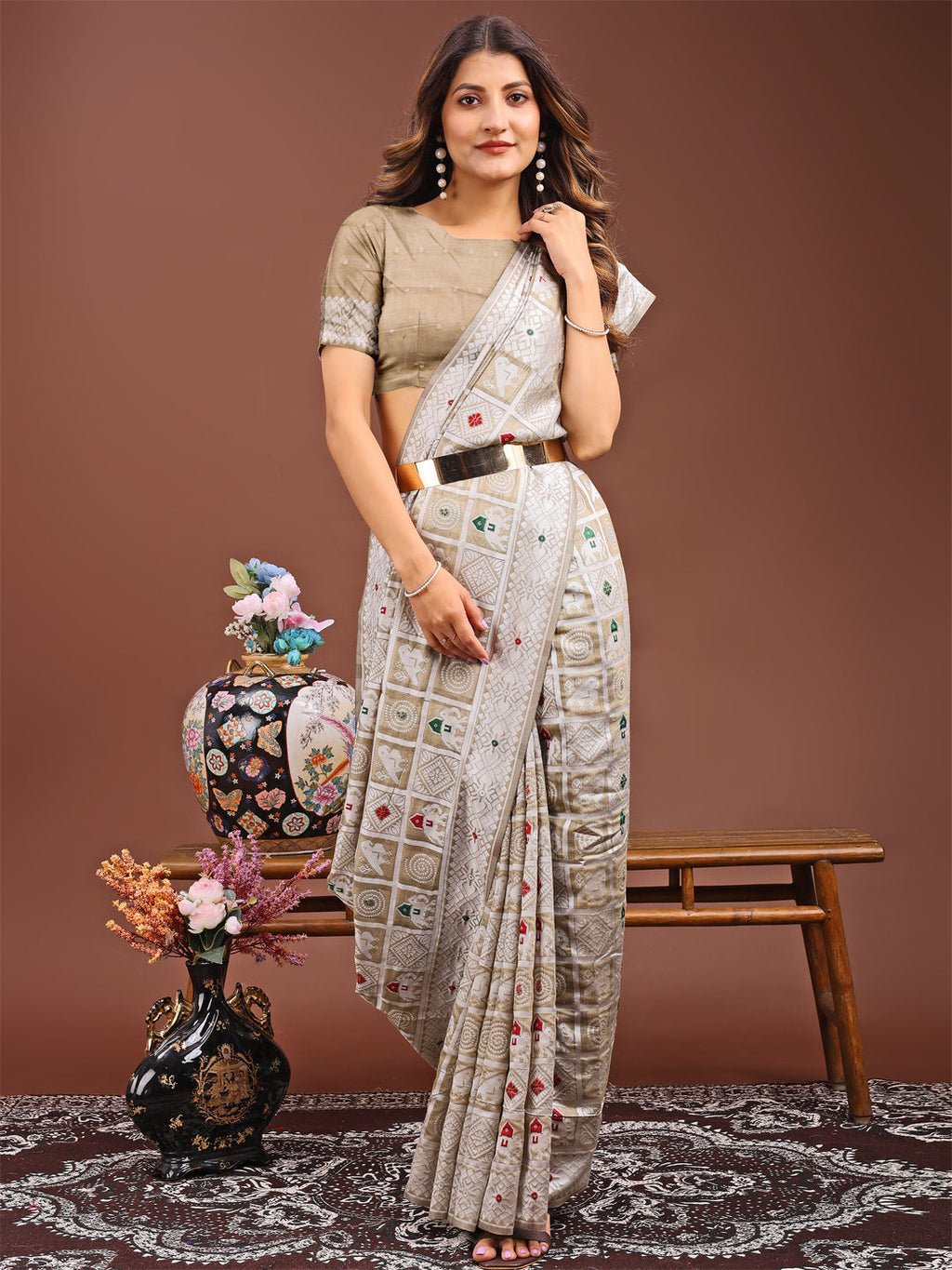 Shree Shyam Fashion Threads of Tradition: Beige Linen Cotton Saree Woven with Stories of Grace & Heritage | Grocsy