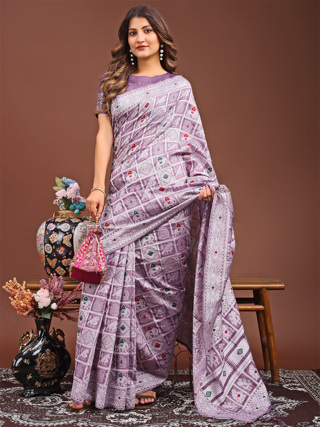 Shree Shyam Fashion Threads of Tradition: Purple Linen Cotton Saree Woven with Stories of Grace & Heritage | Grocsy