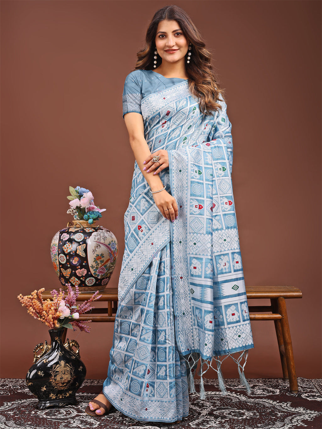 Shree Shyam Fashion Threads of Tradition: Sky Blue Linen Cotton Saree Woven with Stories of Grace & Heritage | Grocsy