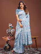 Shree Shyam Fashion Threads of Tradition: Sky Blue Linen Cotton Saree Woven with Stories of Grace & Heritage | Grocsy