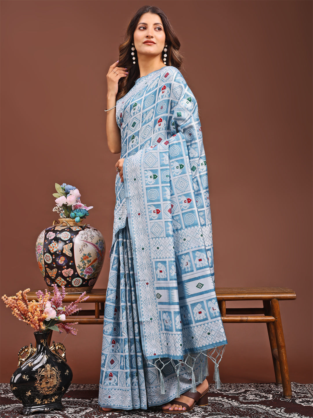 Shree Shyam Fashion Threads of Tradition: Sky Blue Linen Cotton Saree Woven with Stories of Grace & Heritage | Grocsy
