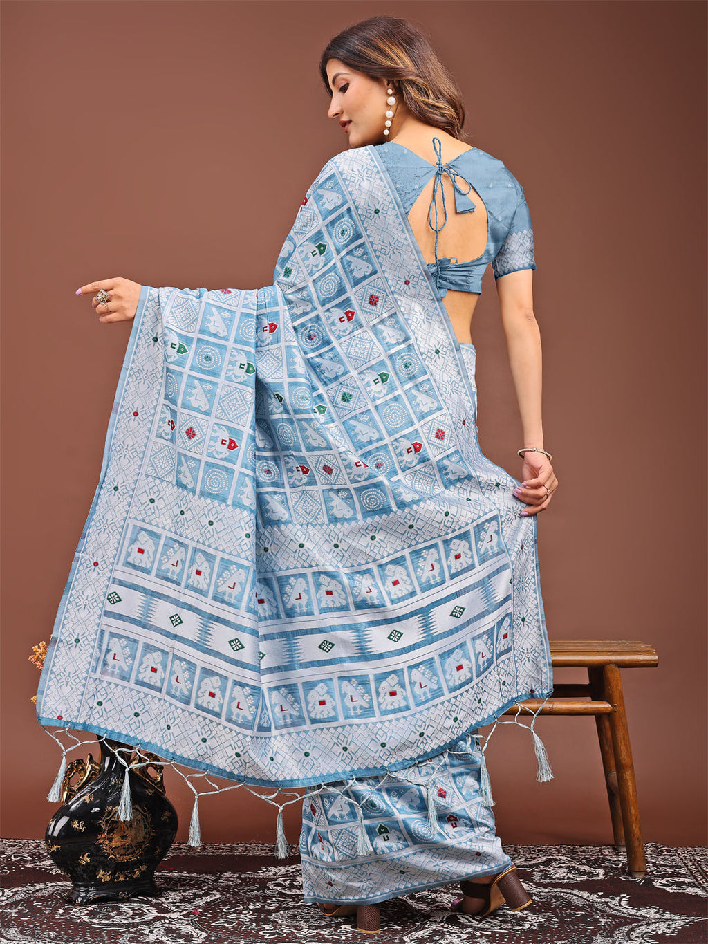 Shree Shyam Fashion Threads of Tradition: Sky Blue Linen Cotton Saree Woven with Stories of Grace & Heritage | Grocsy