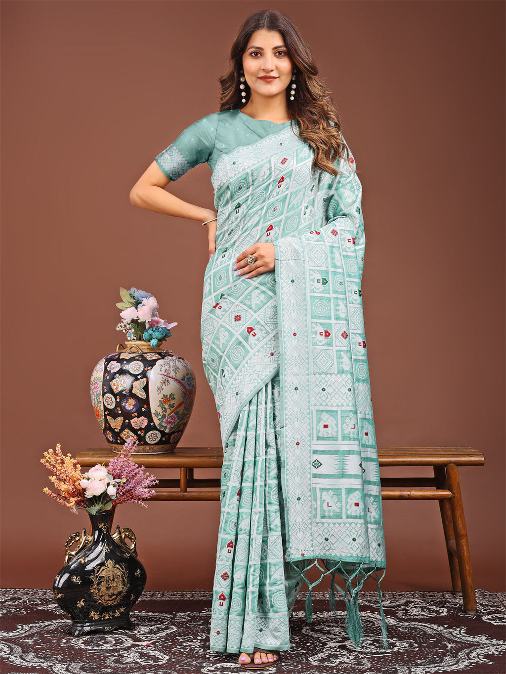 Shree Shyam Fashion Threads of Tradition: Sea Green Linen Cotton Saree Woven with Stories of Grace & Heritage | Grocsy
