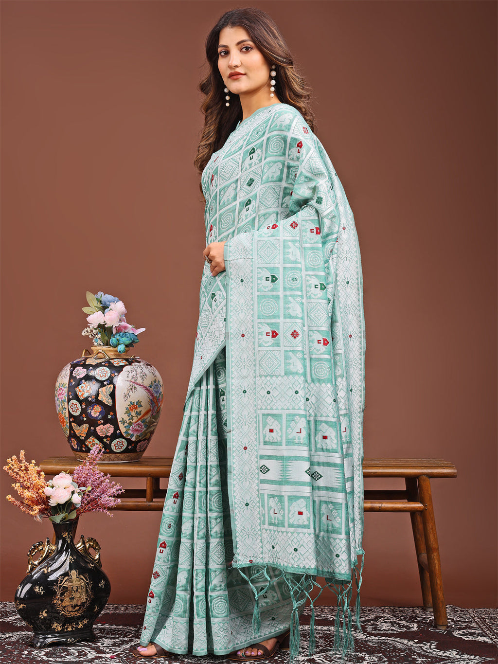 Shree Shyam Fashion Threads of Tradition: Sea Green Linen Cotton Saree Woven with Stories of Grace & Heritage | Grocsy