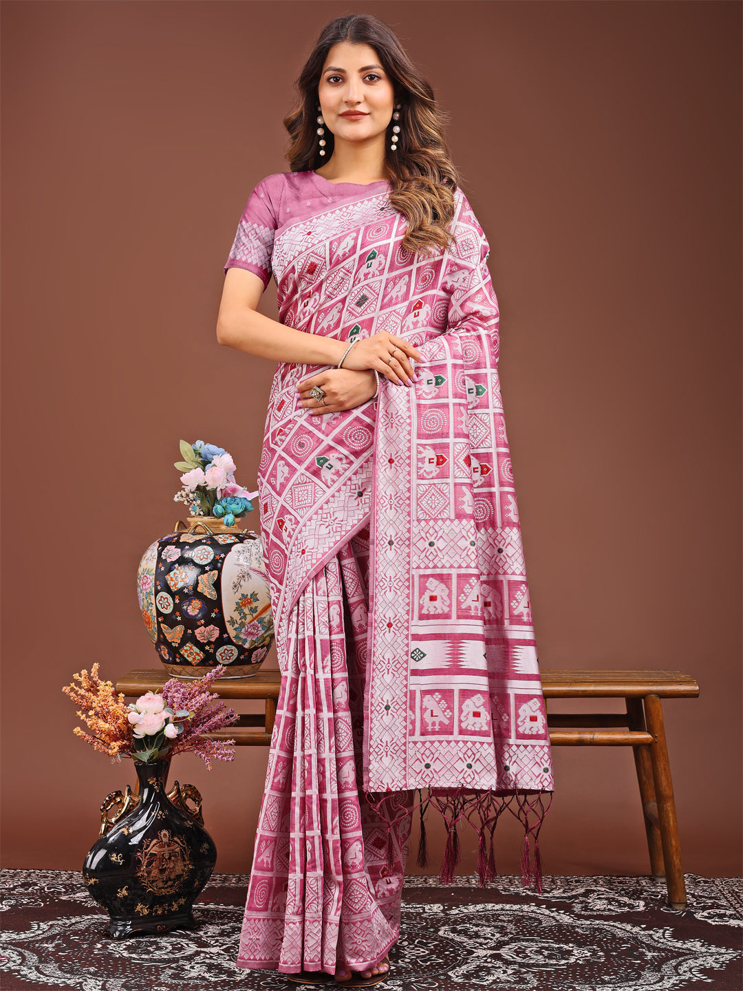 Shree Shyam Fashion Threads of Tradition: Pink Linen Cotton Saree Woven with Stories of Grace & Heritage | Grocsy