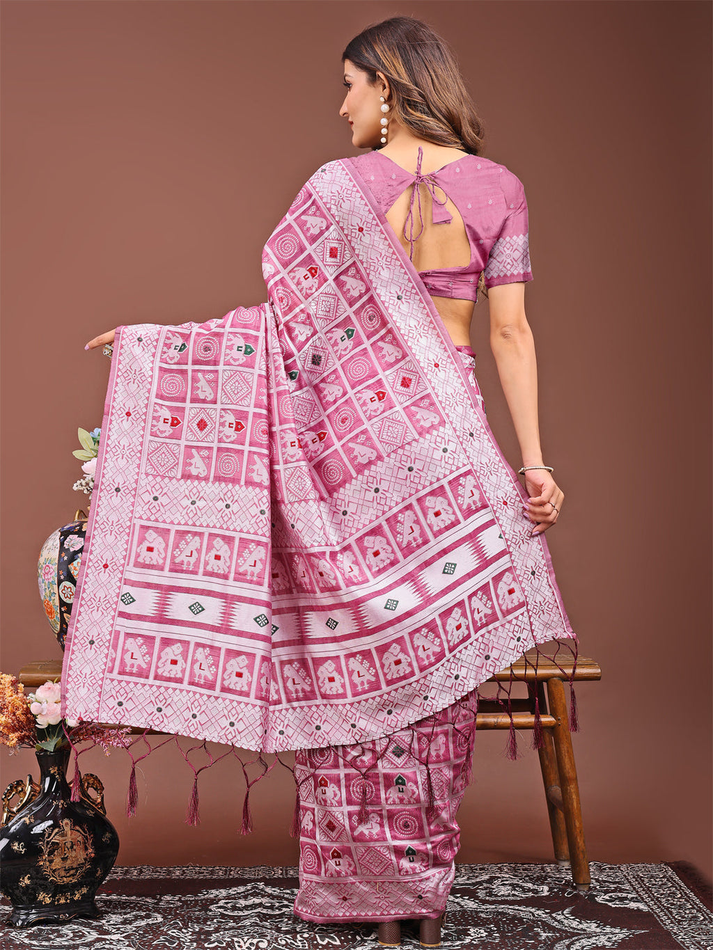 Shree Shyam Fashion Threads of Tradition: Pink Linen Cotton Saree Woven with Stories of Grace & Heritage | Grocsy