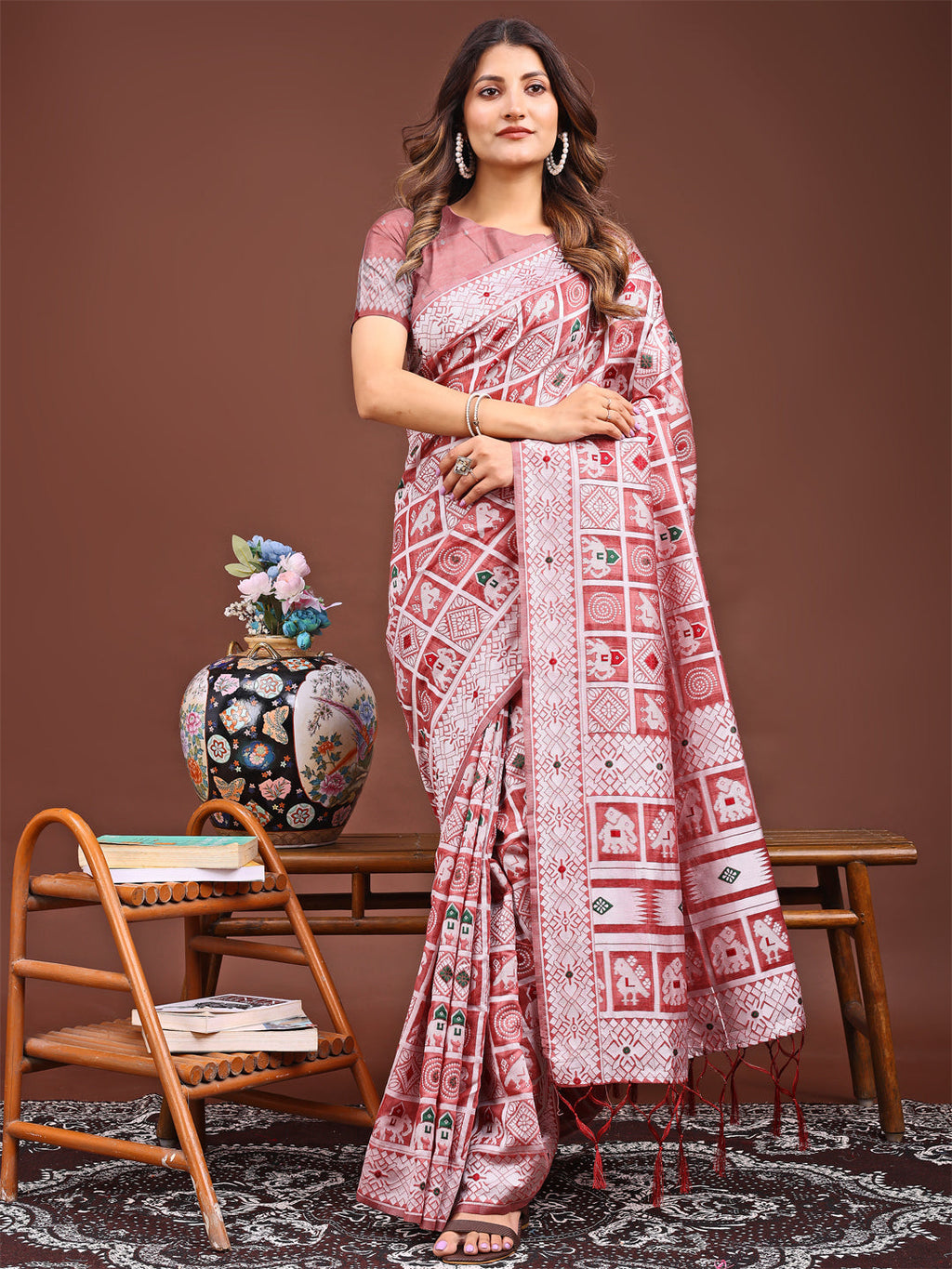 Shree Shyam Fashion Threads of Tradition: Peach Linen Cotton Saree Woven with Stories of Grace & Heritage | Grocsy