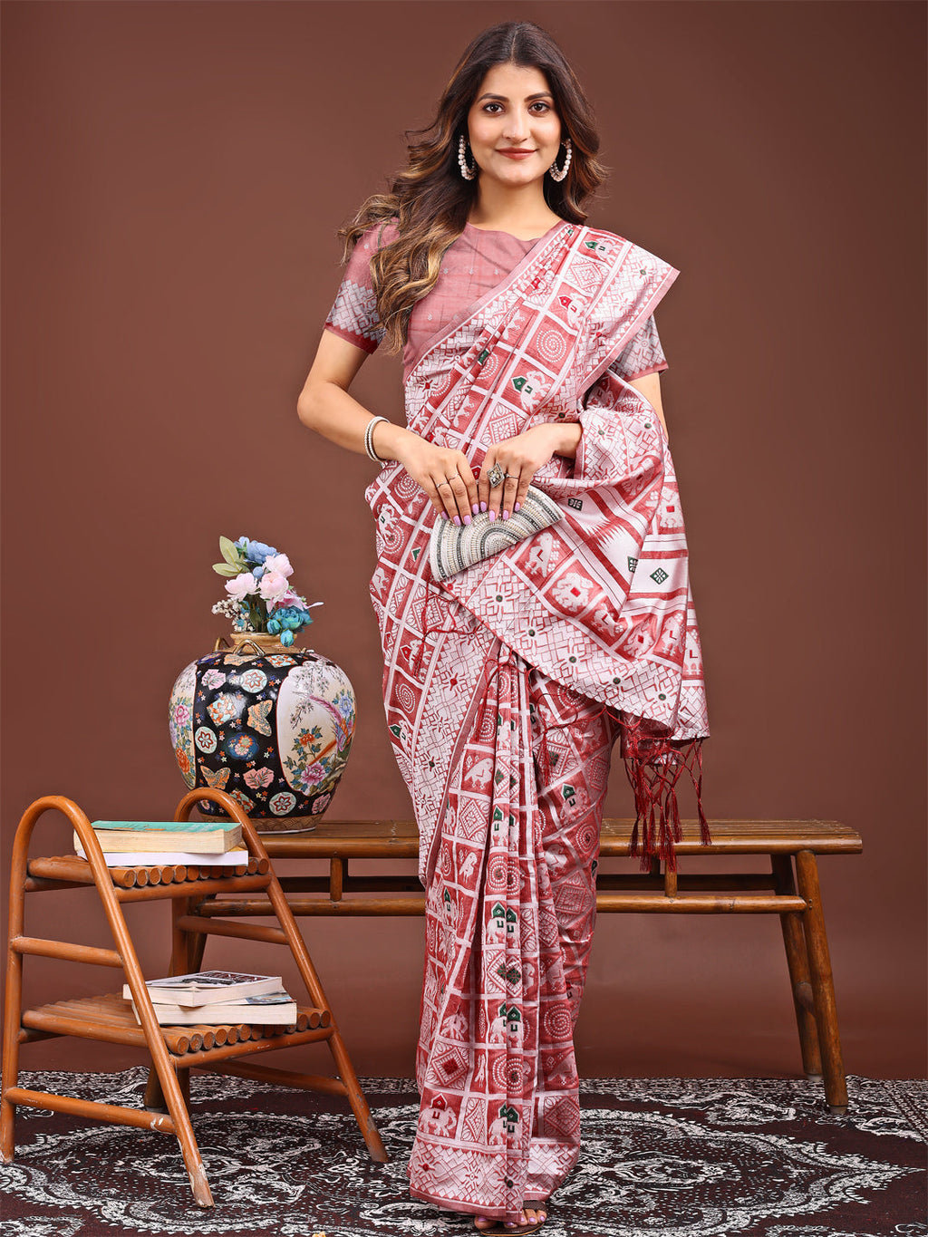 Shree Shyam Fashion Threads of Tradition: Peach Linen Cotton Saree Woven with Stories of Grace & Heritage | Grocsy