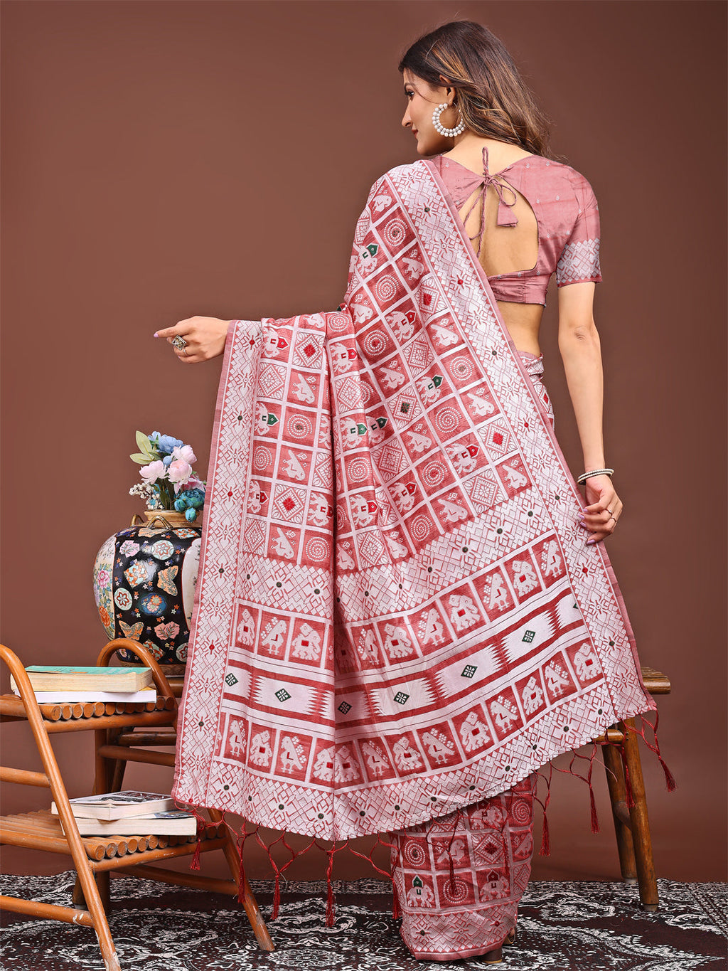 Shree Shyam Fashion Threads of Tradition: Peach Linen Cotton Saree Woven with Stories of Grace & Heritage | Grocsy
