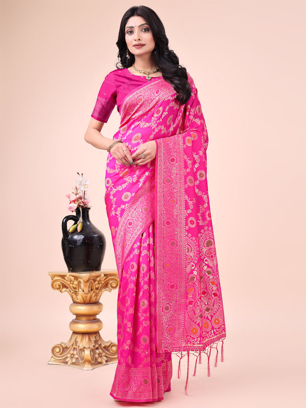 Shree Shyam Fashion Elegant Pink Banarasi Cotton Saree with Zari Leaf Motifs and Rich Pallu - Traditional Indian Saree for Festive & Wedding Wear | Grocsy