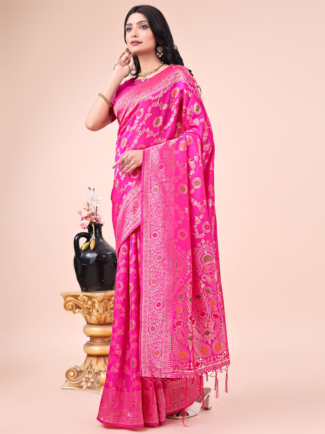 Shree Shyam Fashion Elegant Pink Banarasi Cotton Saree with Zari Leaf Motifs and Rich Pallu - Traditional Indian Saree for Festive & Wedding Wear | Grocsy