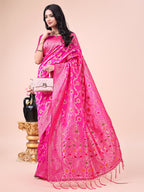 Shree Shyam Fashion Elegant Pink Banarasi Cotton Saree with Zari Leaf Motifs and Rich Pallu - Traditional Indian Saree for Festive & Wedding Wear | Grocsy