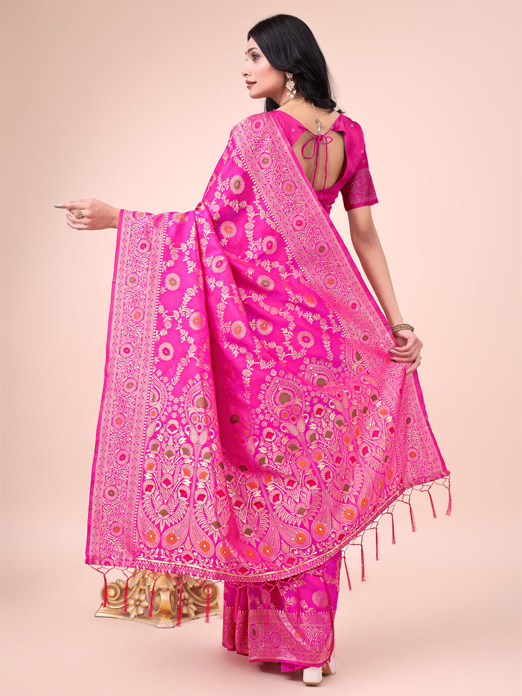 Shree Shyam Fashion Elegant Pink Banarasi Cotton Saree with Zari Leaf Motifs and Rich Pallu - Traditional Indian Saree for Festive & Wedding Wear | Grocsy