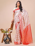 Shree Shyam Fashion Elegant Maroon Banarasi Cotton Saree with Zari Leaf Motifs and Rich Pallu - Traditional Indian Saree for Festive & Wedding Wear | Grocsy