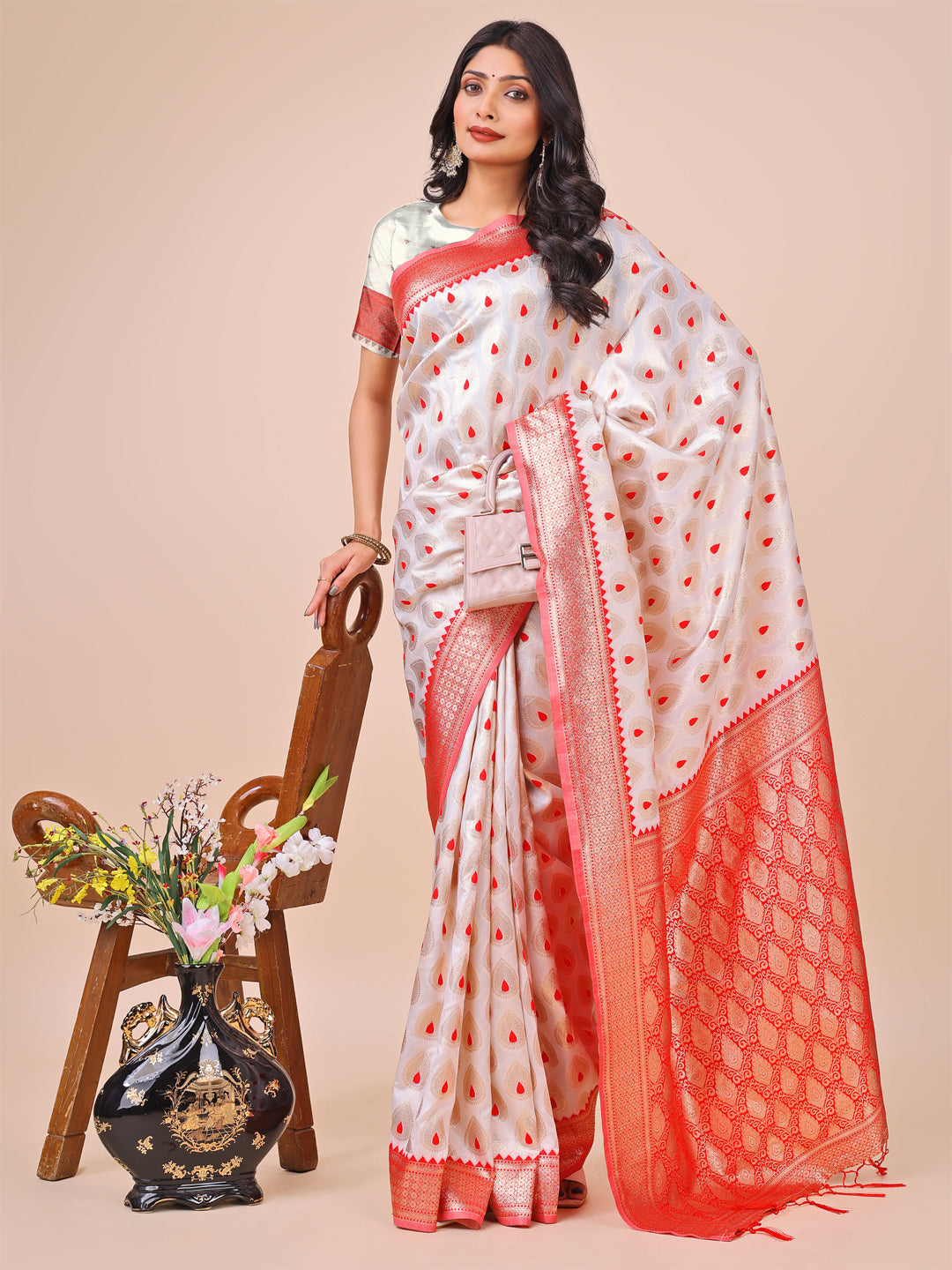 Shree Shyam Fashion Elegant Maroon Banarasi Cotton Saree with Zari Leaf Motifs and Rich Pallu - Traditional Indian Saree for Festive & Wedding Wear | Grocsy