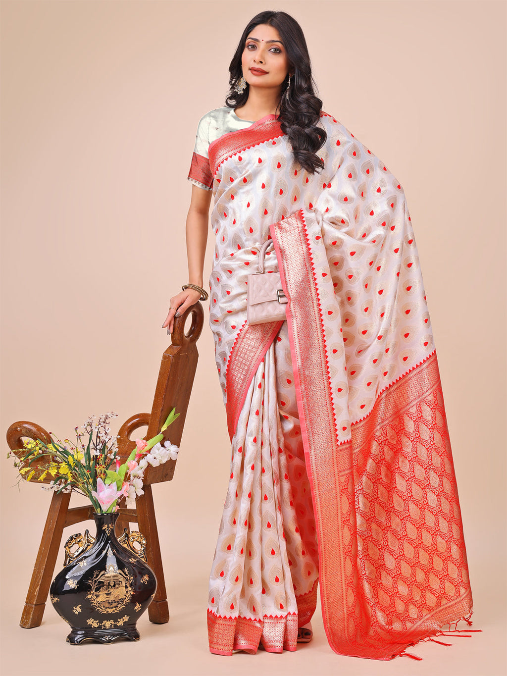 Shree Shyam Fashion White & Red Banarasi Silk Saree with Teardrop Weaving & Rich Zari Pallu - Traditional Elegance for Festive Looks | Grocsy