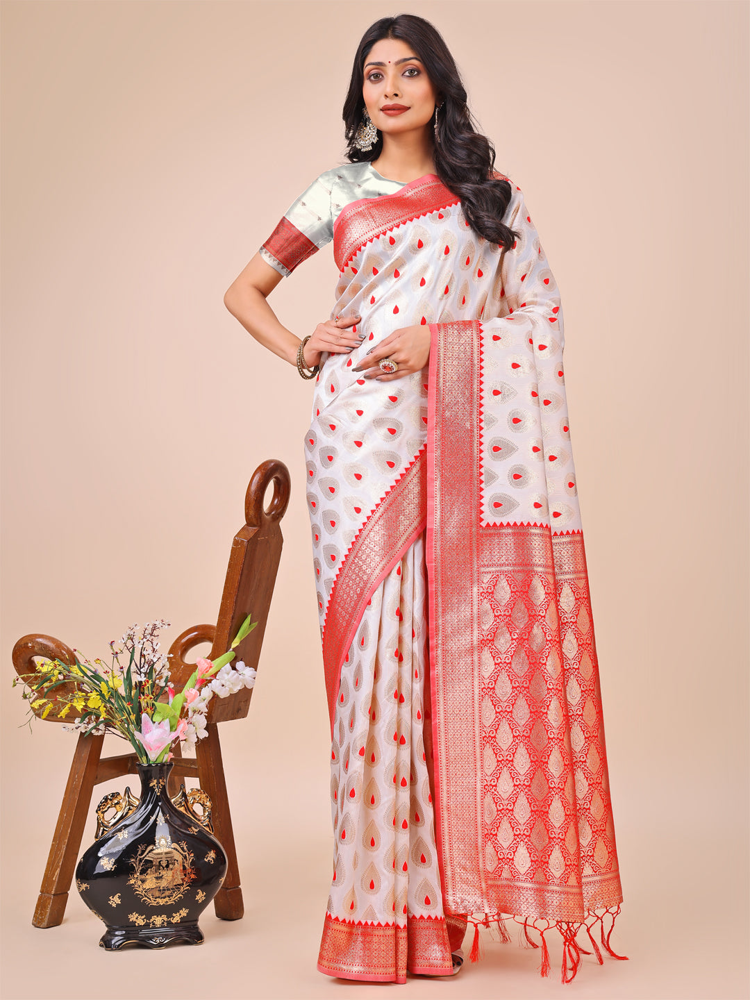 Shree Shyam Fashion White & Red Banarasi Silk Saree with Teardrop Weaving & Rich Zari Pallu - Traditional Elegance for Festive Looks | Grocsy