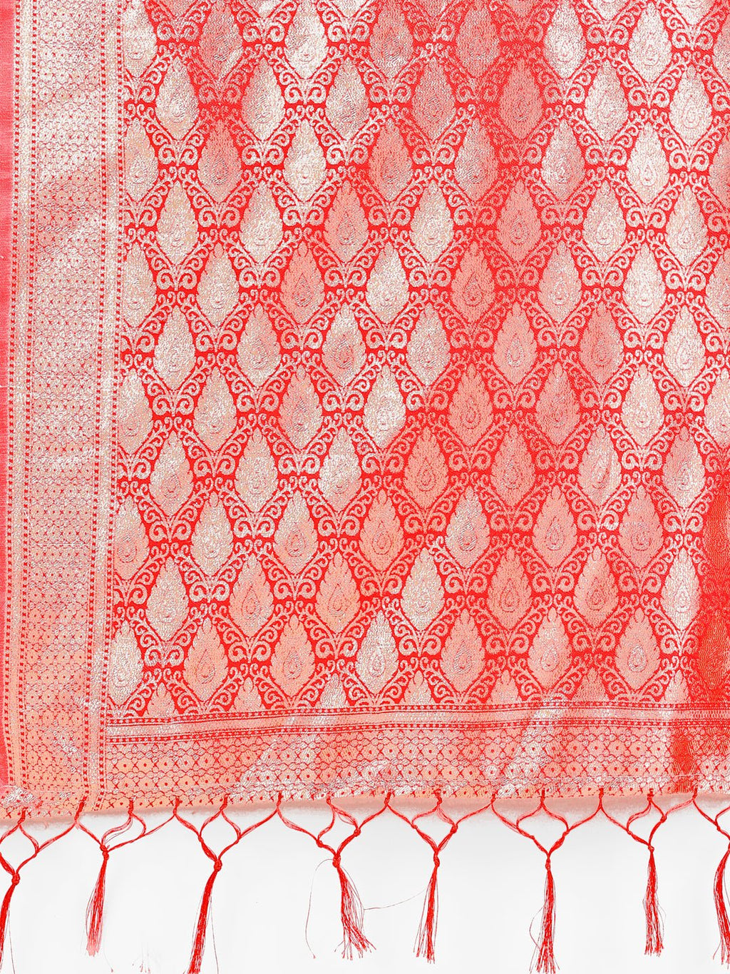 Shree Shyam Fashion White & Red Banarasi Silk Saree with Teardrop Weaving & Rich Zari Pallu - Traditional Elegance for Festive Looks | Grocsy