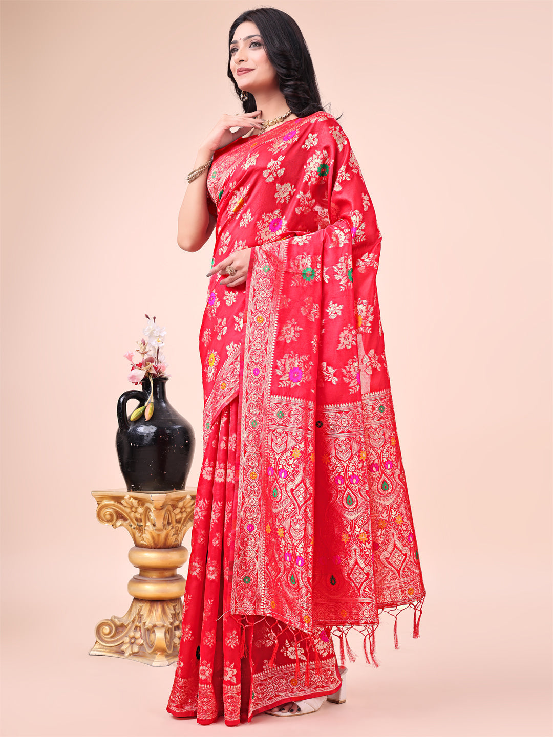 Shree Shyam Fashion Elegant Black Banarasi Cotton Saree with Zari Leaf Motifs and Rich Pallu - Traditional Indian Saree for Festive & Wedding Wear | Grocsy