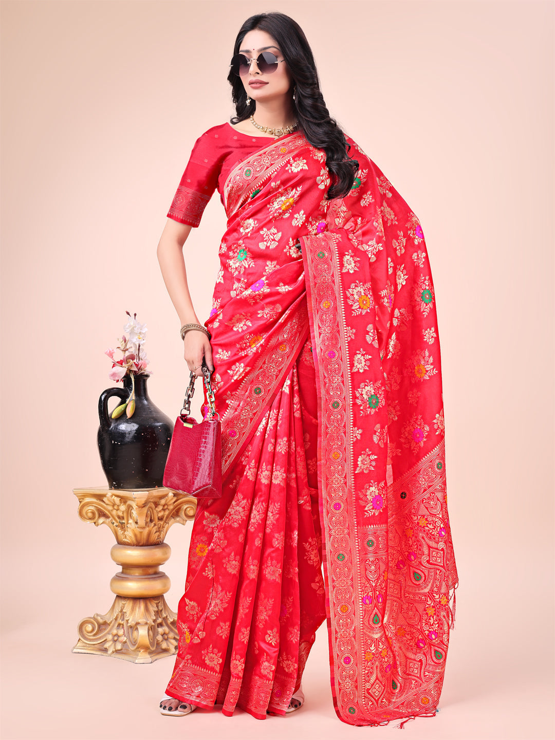 Shree Shyam Fashion Red Banarasi Silk Saree with Floral Zari Weaving - Festive Traditional Elegance for Weddings & Celebrations | Grocsy